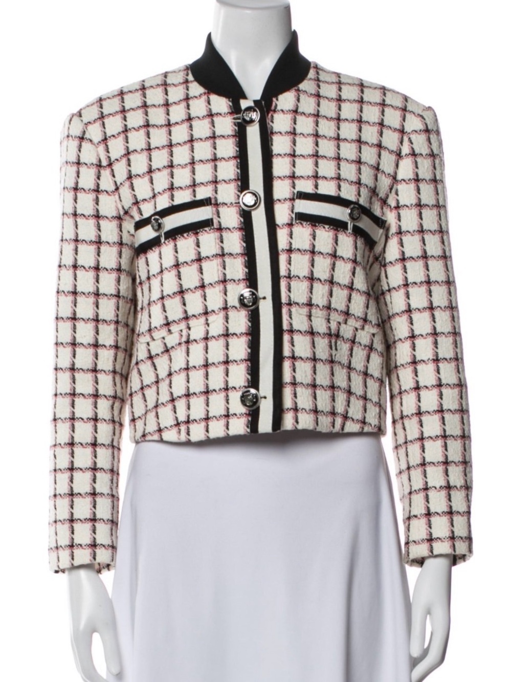 Veronica Beard Classic Tweed Cropped Jacket - Ivory/Garnet